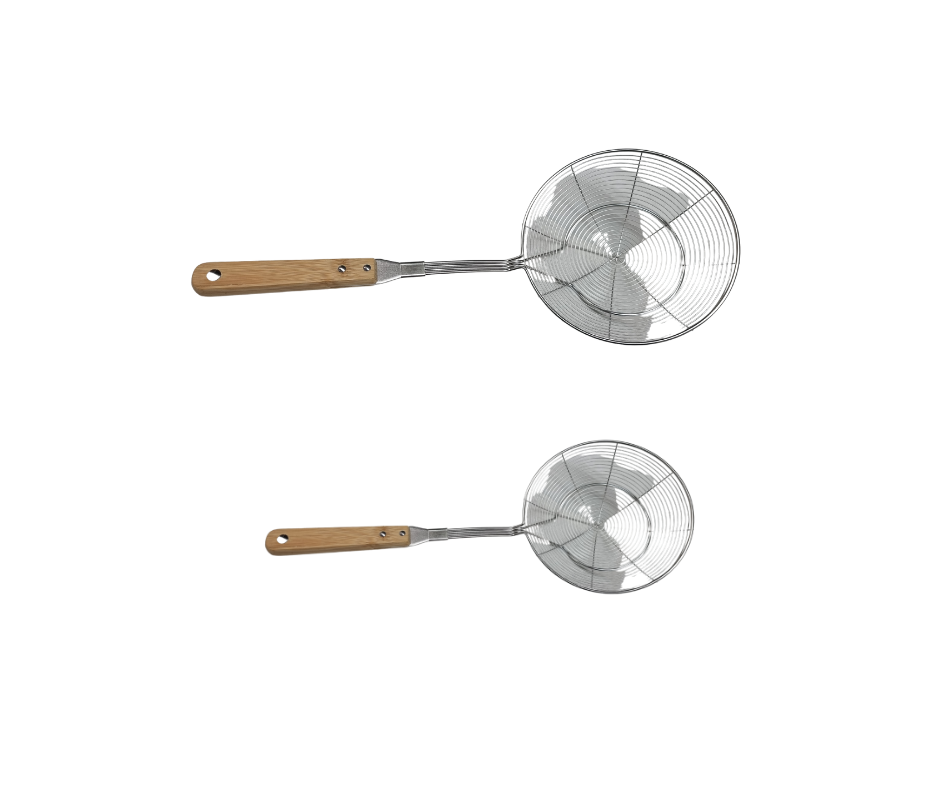 TWO-PIECE SET OF STAINLESS STEEL STRAINERS WITH WOODEN SUPPORT